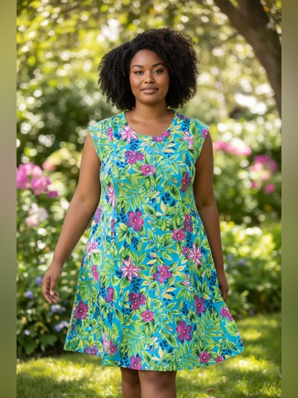 Bright Tropical Floral A-Line Dress Teal Mumu Hawaiian Style Pink & Green Bloom